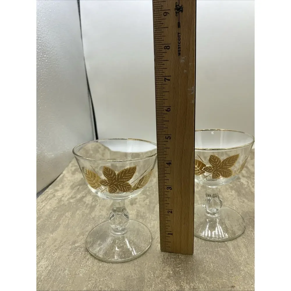 2-Vintage Libbey Golden Foliage Cordial Goblets Bar Glasses Wine Champagne